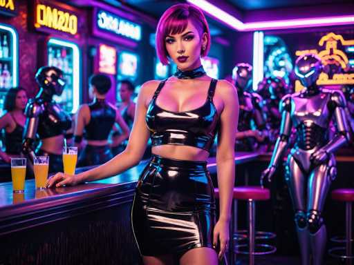 In this vibrant, futuristic bar scene, a striking woman with short purple hair and bangs stands at the center, exuding confidence. She wears a black leather bra that reveals her midriff and a matching leather skirt, complemented by a black choker around her neck. Her makeup is bold, with dark red lipstick and dark eyebrows, and she sports a hoop earring. Her right hand rests on the bar, which is adorned with three glasses of orange juice and a beer. The bar itself is dark brown with a shiny finish, and behind her, the wall is illuminated with neon signs in yellow, blue, and purple hues. To her left, a group of robots with silver bodies and black helmets are seated on red bar stools, while to her right, other women in similar black leather outfits stand. The background is a blur of neon lights and signs, enhancing the bar's futuristic ambiance.