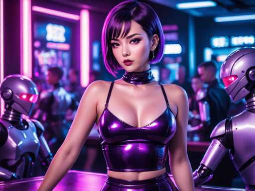 The image depicts a futuristic, cyberpunk-themed bar scene with a central focus on a young Asian woman. She has short, dark hair with purple highlights and is wearing a tight, purple leather tube top that reveals her midriff. Her outfit is complemented by a black leather choker around her neck. She stands confidently at the bar, looking directly at the camera. Flanking her are two humanoid robots with silver bodies and red visors for eyes, adding to the high-tech ambiance. The background is slightly blurred but reveals other patrons and additional robotic figures, all bathed in a mix of purple and blue neon lights. The overall atmosphere is dark and moody, emphasizing the cyberpunk aesthetic.