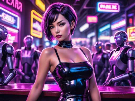 The image depicts a highly detailed, computer-generated scene of a futuristic bar, bathed in vibrant neon hues of pink, purple, and yellow. The focal point is a striking woman with short, dark hair that has a purplish tint, styled in a bob with bangs. She has fair skin, dark eyes accentuated with heavy eyeliner, and wears bold red lipstick. Her attire is a form-fitting, black leather dress with thin straps and a high neckline, complemented by a choker collar. She stands confidently behind a wooden bar, her arms resting on its surface. Surrounding her are several humanoid robots, characterized by their silver and black metallic bodies and glowing blue eyes. The background is adorned with neon signs in various colors, including pink, yellow, and blue, contributing to the bar's neon-lit ambiance. The overall scene exudes a cyberpunk aesthetic, blending human and robotic elements in a vividly colorful setting.