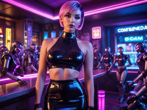 The image depicts a woman standing confidently on a bar counter surrounded by several robots of various sizes and colors. The woman is wearing a black outfit that includes a halter top and a skirt with a unique design. The background features neon lights and a sign for "Computers".