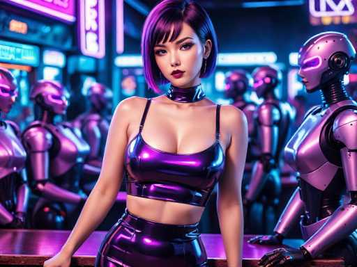 In this vibrant, futuristic scene, a striking Asian woman stands at the center of a bustling bar filled with humanoid robots. She exudes confidence in her tight, purple leather outfit, which includes a halter top that reveals her midriff and a matching skirt. Her short, purple hair frames her face, and she wears bold red lipstick that contrasts with her fair skin. Around her neck is a black choker, adding to her edgy look. She leans casually on a wooden bar, her left hand resting on the surface.

The background is a blur of activity, with several humanoid robots, all clad in similar purple leather attire, moving about the bar. These robots have purple eyes and metallic bodies, contributing to the scene's sci-fi ambiance. The bar itself is illuminated by a mix of purple and blue neon lights, casting a colorful glow over the entire setting. The overall atmosphere is one of a high-tech, neon-lit club where humans and robots mingle seamlessly.