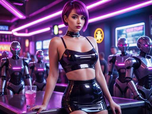 In this vibrant, futuristic scene, a young woman with short purple hair and bangs stands confidently at a bar, her striking red lipstick adding a pop of color to her sleek, modern look. She wears a black leather halter top that exposes her midriff and a matching leather skirt, complemented by a black leather choker around her neck. Her pose is relaxed yet poised, with her hands resting on the bar, which is illuminated by a pink neon light. In front of her sits a glass filled with a pink liquid and ice, and a straw.

The bar itself is bathed in a mix of purple and pink neon lights, creating an otherworldly ambiance. Behind her, the wall is adorned with various neon signs, including a prominent yellow one. The background is filled with several robots, their metallic bodies gleaming under the neon lights. These robots have glowing red eyes and some feature pink lines on their chests, adding to the futuristic aesthetic. The overall scene is a blend of high-tech and neon-soaked glamour, capturing a moment that feels both timeless and distinctly modern.