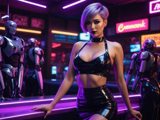 In this AI-generated image, a woman with short, purple hair and dark lipstick stands confidently in a futuristic bar. She is dressed in a black leather bra and matching skirt, complemented by a black choker around her neck. Her striking appearance is accentuated by her dark eyes and the way she leans against a purple bar, her hands resting on either side. The bar is surrounded by four robots, two on her left and two on her right, all with their backs turned to the viewer. The background is a blur of neon lights and signs, with a notable pink sign featuring yellow text that reads "Cannoli Cup." The scene is bathed in a mix of purple, pink, and yellow hues, creating an otherworldly atmosphere.