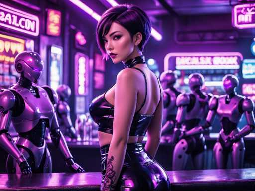 In this highly detailed, computer-generated image, a woman stands at the center of a futuristic, cyberpunk-style bar. She has short, dark hair with bangs and is adorned in a tight, black leather outfit that includes a halter top, gloves, and a choker. Her back is partially turned towards the viewer, revealing a tattoo on her right arm. The bar around her is illuminated by vibrant neon lights in shades of purple, pink, and blue, casting a surreal glow over the scene. To her left, a robot with a rounded head and glowing purple eyes stands behind the bar, while several other robots are positioned on the right side. The background features blurred neon signs, including one that reads "book" and another partially obscured sign that might say "Dicalisk." The overall atmosphere is dark and moody, with the neon lights providing the primary source of illumination.