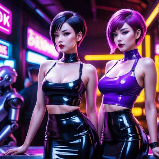 In this vibrant, futuristic scene, two women stand side by side, exuding confidence and style. Both are dressed in tight, leather-like outfits that accentuate their figures. The woman on the left sports a sleek black ensemble, featuring a halter top that leaves her midriff exposed, paired with a matching leather skirt. Her short black hair and bold red lipstick add to her striking appearance. The woman on the right mirrors this aesthetic with a purple top and skirt, complemented by her short purple hair and matching red lipstick. She also wears a leather collar around her neck, adding a touch of edginess to her look. 

The background is a blur of neon lights and signs, creating an atmospheric, almost cyberpunk ambiance. To the left, a silver robot with a metallic body and a round head stands, its presence adding to the futuristic feel of the image. The robot's right arm is visible, and it appears to be looking towards the two women. Behind the robot, a man with short brown hair and a black shirt can be seen, though he is out of focus. The setting is further detailed by a series of neon signs: a purple one with the letters "O" and "K," a blue sign with the letters "O" and "X," and another purple sign with white lettering that is too blurry to decipher. Additionally, a yellow neon light stretches horizontally across the background, adding to the overall neon-lit, futuristic vibe of the scene.