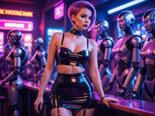 In this AI-generated image, a futuristic bar scene unfolds with a striking blend of human and robotic elements. At the center stands a woman with short, purple hair, adorned in a black leather bra and matching skirt. Her outfit is complemented by thigh-high stockings and a choker necklace, exuding a bold, cyberpunk aesthetic. She leans against a wooden bar, her left hand resting on its surface, while her right hand hangs by her side. The bar is populated by several humanoid robots, their metallic bodies gleaming under the neon lights. These robots, with their purple eyes and silver accents, are engaged in various activities around the bar. The background is a blur of neon signs and glowing lights, enhancing the vibrant, futuristic atmosphere of the scene.