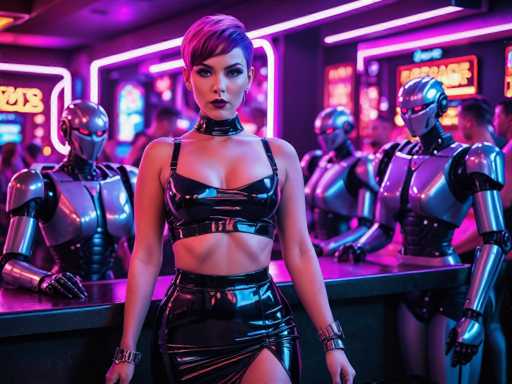 A woman with short purple hair and a black skirt is standing in front of a bar counter, wearing a black leather outfit that includes a necklace and bracelets on her wrists. Behind the woman, there are three robots - two metallic silver ones and one metallic blue one. The background features neon pink lights and a sign for "BAR" with the word "BASKET".