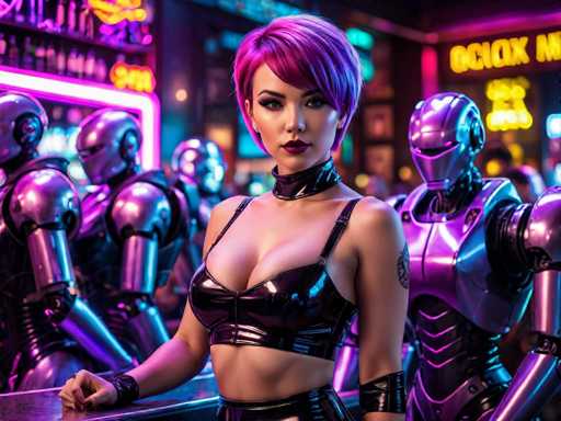 In this vibrant, futuristic scene, a striking woman with short, purple hair and dark eyes stands at the center of a neon-lit bar. She wears a black leather bra that reveals her midriff and a matching leather skirt, complemented by a black leather choker around her neck. Her makeup is bold, with dark red lipstick and dramatic eyeliner, and she has a tattoo on her left arm. Her nails are painted black, adding to her edgy appearance. She leans on a bar counter, surrounded by several robots with silver and purple metallic bodies. The background is filled with neon signs and bottles of alcohol, enhancing the bar's vibrant atmosphere. The overall scene has a distinct cyberpunk aesthetic, blending human and robotic elements in a colorful, high-tech setting.