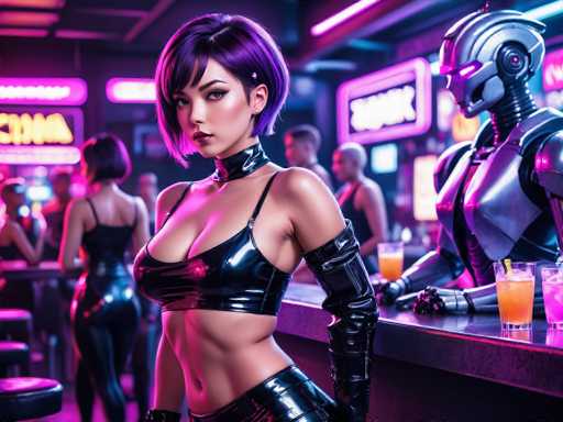 In this vibrant, futuristic bar scene, a striking woman stands at the center, exuding confidence and allure. She has short, purple hair styled in a bob with bangs, and her tanned skin contrasts beautifully with her bold makeup, including purple lipstick. She wears a black leather halter top that reveals her midriff and matching leather pants, complemented by long leather gloves that extend to her elbows. Around her neck is a black leather choker, adding to her edgy look. Her pose is captivating, with one hand on her hip and the other resting on the bar, her gaze directed straight at the camera.

To her right, a robot bartender stands behind the counter, its silver and gray metallic frame gleaming under the bar's neon lights. The robot has a distinctive purple light where its eyes would be, adding to its futuristic appearance. On the bar in front of the robot are two glasses filled with orange liquid and ice, each with a straw.

The background is a blur of neon lights and signs, casting a pinkish-purple hue over the entire scene. Other patrons, including a woman in a similar leather outfit with her back to the camera, can be seen, contributing to the lively and somewhat mysterious atmosphere of the bar. The overall ambiance is one of high-tech sophistication and neon-lit glamour.
