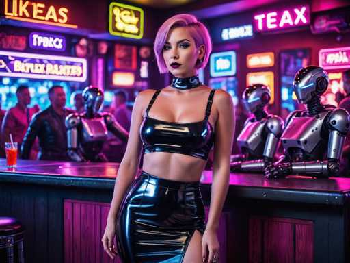 In this vibrant, futuristic bar scene, a striking woman with short pink hair and dark lipstick stands confidently at the center. She wears a black leather halter top that reveals her midriff and a matching leather skirt, complemented by a black choker around her neck. Her pose is direct, with her gaze fixed on the camera. Behind her, the bar is adorned with an array of neon signs in various colors—pink, blue, yellow, and green—casting a colorful glow over the setting. The bar counter is black, and to the left, a glass filled with a red drink and a straw adds a pop of color. On the right side of the image, two humanoid robots with silver bodies and blue eyes stand behind the bar, their arms resting on the counter. The background is slightly blurred, revealing a few patrons, including a man in a black leather jacket, contributing to the lively atmosphere of this sci-fi themed establishment.
