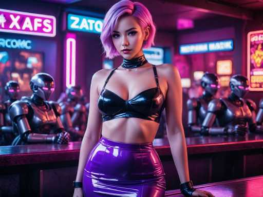 In this AI-generated image, a young Asian woman stands confidently in the center of a futuristic bar. She has short, vibrant pink hair and wears a black leather halter top that reveals her midriff, paired with a shiny purple leather skirt. Her accessories include a black leather choker around her neck and black leather wristbands on both wrists. She gazes directly at the camera with a composed expression.

The bar she stands in front of is lined with several humanoid robots, each with silver bodies and black helmets, their pink eyes glowing. These robots are seated at the bar, some with their hands folded, contributing to the scene's high-tech ambiance. The background is adorned with neon signs in various colors, including purple, blue, and yellow, displaying random letters and words like "XAFS," "ZATO," and "ACOMIC." The overall setting is dimly lit, with the neon signs casting a colorful glow that enhances the futuristic and somewhat cyberpunk atmosphere of the bar.