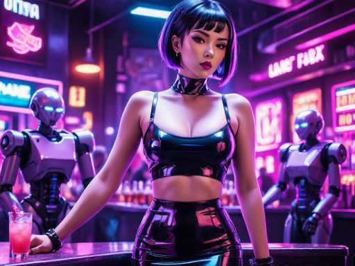 In this vibrant, futuristic scene, a young Asian woman stands confidently at a sleek, black bar, her striking appearance accentuated by her short black hair with purple highlights and bangs. She wears a tight, black leather halter top that reveals her midriff and complements her matching leather skirt. Her look is completed with a black leather choker around her neck and a black bracelet on her right wrist. She holds a pink drink garnished with ice and a straw in her right hand, while her left hand rests on the bar. Behind her, two identical robots with glowing blue eyes and silver bodies stand attentively, adding to the high-tech ambiance. The bar is illuminated by an array of neon signs in pink, blue, and yellow, casting a colorful glow over the scene. The background features a cityscape with buildings adorned with neon signs, enhancing the futuristic and cyberpunk vibe of the image.