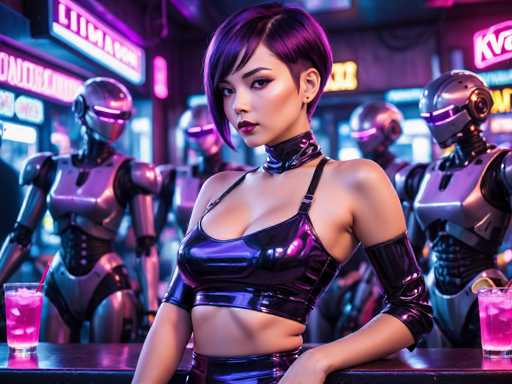 In this vibrant, futuristic scene, a young Asian woman with short purple hair and striking red lipstick stands confidently at a bar. She is dressed in a sleek, black leather halter top that reveals her midriff and complements her matching leather skirt. Her outfit is accentuated by black leather armbands that extend from her elbows to her forearms. The bar counter in front of her holds two glasses filled with pink liquid, each adorned with a red straw. Behind her, a row of humanoid robots with silver heads and purple visors stand at attention, their metallic bodies gleaming under the bar's neon lights. The background is a blur of neon signs and glowing lights, adding to the high-tech ambiance of the setting. The woman gazes directly at the camera, exuding a sense of strength and poise in this captivating, sci-fi inspired environment.