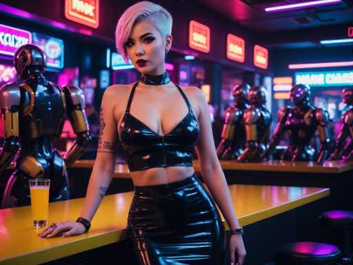 In this highly detailed, computer-generated image, a young woman with short, platinum blonde hair and pink highlights sits confidently on a bar stool at a vibrant, futuristic bar. She is dressed in a striking black leather bra and matching leather skirt, accessorized with a black leather choker around her neck. Her left arm is adorned with tattoos, and she wears a black bracelet on her right wrist. In front of her on the bar is a glass filled with an orange-colored drink, possibly orange juice. The bar itself is a vivid yellow, contrasting with the dark, futuristic ambiance of the bar. Surrounding her are several humanoid robots, some seated and others standing, all with their backs turned to the viewer. The background is illuminated by an array of neon signs in various colors, including pink, purple, and blue, casting a colorful glow over the scene. The overall atmosphere is one of a high-tech, neon-lit club or bar, blending elements of sci-fi and cyberpunk aesthetics.