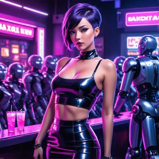 The image depicts a woman wearing a black leather outfit with a high neckline and short hair standing on the left side of the frame. Behind her is a bar scene featuring several robots, including one in a metallic silver color that appears to be interacting with the woman or observing her from behind. The background features neon signs for "Maxx" and "Pakeke".