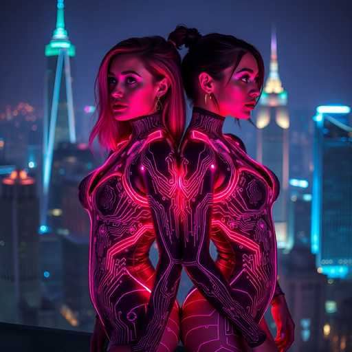 In this captivating image, two women stand back-to-back, their heads touching, creating a striking and symmetrical composition. Both women are dressed in form-fitting bodysuits that appear to be crafted from a material reminiscent of leather or rubber. The bodysuits are adorned with intricate pink lines that resemble computer circuitry, adding a futuristic and technological flair to their attire. The woman on the left has her hair styled in a side ponytail, while the woman on the right sports a high ponytail. The background features a city skyline at night, with tall buildings illuminated by a mix of blue and yellow lights, adding depth and context to the scene. The overall effect is a visually stunning blend of human and digital elements, set against the backdrop of an urban night.