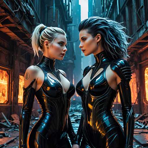 In this computer-generated image, two women stand in a post-apocalyptic cityscape, facing each other. Both are clad in tight, black leather bodysuits that accentuate their figures, complete with gloves that extend up to their biceps. The woman on the left has blonde hair tied back in a ponytail and sports a tattoo on her right shoulder. She is Caucasian and wears a serious expression. The woman on the right has long, dark hair and appears to be of African descent, also with a serious demeanor. The background reveals a city in ruins, with buildings on fire and debris scattered across the ground, suggesting a world ravaged by destruction. The overall scene evokes a sense of tension and foreboding, reminiscent of a dystopian setting from a video game or movie.