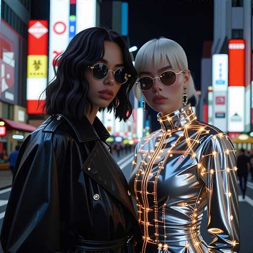 In this vibrant, futuristic cityscape, two women stand prominently in the foreground, exuding a blend of modern and cyberpunk aesthetics. The woman on the left sports a sleek black leather jacket, her shoulder-length black hair framing her face. She wears stylish sunglasses and a hoop earring, adding a touch of edgy elegance. Beside her, the woman on the right is adorned in a striking silver dress, intricately detailed with glowing orange lights that crisscross her outfit, creating a mesmerizing pattern. Her short blonde hair and large hoop earrings complete her futuristic look. Both women gaze directly at the camera, their expressions serious and captivating. Behind them, the bustling city street is lined with towering buildings, their facades adorned with vibrant neon signs in hues of red, white, and yellow, casting a colorful glow over the scene. The street is alive with people walking, adding to the dynamic and energetic atmosphere of this urban tableau.