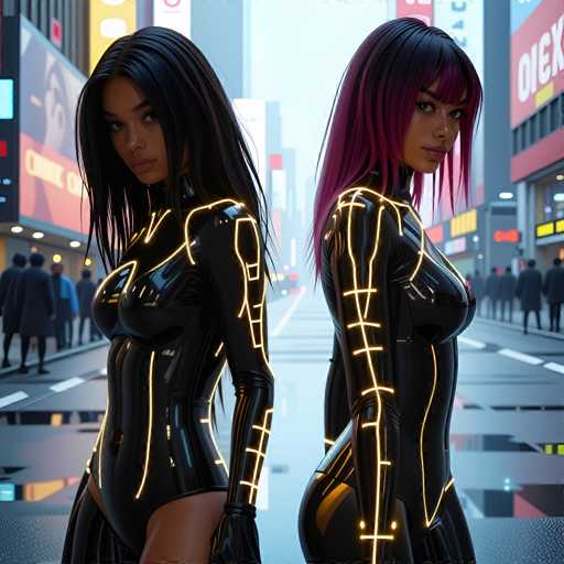 In this captivating image, two women stand side by side, both adorned in sleek, form-fitting black bodysuits that accentuate their figures. The woman on the left has long, straight black hair cascading down her back, while the woman on the right sports a striking hairstyle with black hair on top and vibrant purple tips. Both women are wearing gloves, adding to their futuristic appearance. The bodysuits feature intricate yellow lines that resemble stitching, running along the sides of their arms and down their backs, giving the impression of a high-tech design. The woman on the right has additional yellow lines that extend from her waist to her buttocks, enhancing the detailed pattern of her outfit. The background is a bustling city street, filled with people walking along the sidewalks and others moving through the street. Bright, colorful signs adorn the buildings, adding a lively urban atmosphere to the scene.