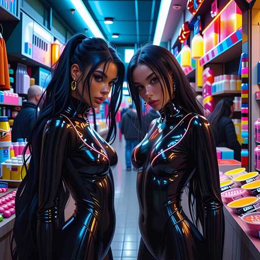 The image shows two women wearing black leather outfits standing side by side in a store aisle with shelves of colorful products behind them. The woman on the left is slightly taller than her companion and has long dark hair styled in an updo. Both women are looking directly at the camera, their expressions serious.