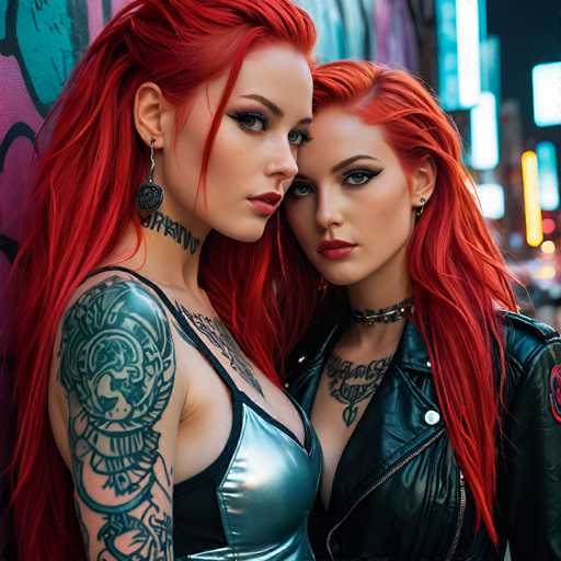 In this captivating image, two women with strikingly similar appearances stand side by side, exuding a sense of camaraderie and style. Both women have long, vibrant red hair that cascades down their backs, complementing their fair skin and expressive eyes. Their makeup is bold and dramatic, featuring dark eyeshadow and eyeliner that accentuates their eyes, paired with vivid red lipstick that adds a pop of color to their faces.

The woman on the left is adorned with a distinctive black earring that dangles from her ear, adding an element of edginess to her look. She sports a black tattoo on her neck, though the exact design is not clearly visible. Her attire consists of a sleek black dress with a silver front, which contrasts beautifully with her fair complexion and red hair.

The woman on the right also has a black tattoo on her neck, matching the first woman's style. She wears a black leather jacket that adds a touch of ruggedness to her ensemble. Her makeup is similarly bold, with dark eyeshadow and eyeliner, and her lips are painted a striking red. She accessorizes with a black choker that features a silver design, adding a touch of elegance to her edgy look.

The background of the image is slightly blurred, but it appears to be a cityscape with tall buildings and illuminated signs, suggesting an urban setting. The overall composition of the image highlights the women's striking features and coordinated styles, creating a visually compelling and harmonious scene.