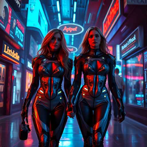 In this AI-generated image, two women are depicted standing side by side in a futuristic, cyberpunk-style alleyway. Both women are dressed in tight, form-fitting bodysuits that appear to be made of leather or a similar material. The bodysuits are designed with intricate details, including a distinctive V-shaped pattern on the chest area that extends down to the abdomen. The woman on the left is holding a black bag in her right hand, while the woman on the right has her hands positioned in front of her. They both have long, flowing blonde hair that cascades down their backs. The alleyway around them is lined with various shops, illuminated by neon signs and lights, adding to the vibrant, high-tech atmosphere of the scene.