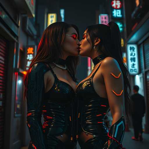 In this captivating image, two women are seen standing close together, their lips gently touching in a tender kiss. Both women have long, dark hair, with the woman on the right sporting a high ponytail. They are dressed in striking black leather bodysuits adorned with intricate orange lights that accentuate the contours of their outfits. The woman on the left wears a distinctive white pearl necklace, adding a touch of elegance to her ensemble. The background features a bustling cityscape with buildings on either side, illuminated by vibrant neon signs in hues of yellow, pink, and blue. These signs, adorned with Asian characters, suggest a lively urban setting, possibly in an Asian city. The overall scene is bathed in a mix of colors, including black, white, gray, red, orange, yellow, pink, and blue, creating a visually striking and atmospheric composition.