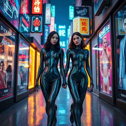 In this vibrant, AI-generated image, two young Asian women are depicted walking down a bustling city street at night, reminiscent of the neon-lit landscapes of Tokyo or Hong Kong. Both women are dressed in form-fitting, black leather bodysuits that accentuate their figures, complete with long sleeves and high necks. Their dark hair cascades down to their shoulders, and they sport bold red lipstick, adding a striking contrast to their sleek attire. They hold hands as they stroll down a shiny, black-tiled sidewalk, flanked by illuminated storefronts and billboards adorned with Asian characters. The scene is bathed in a spectrum of neon lights—yellow, red, blue, and green—creating a dazzling, almost surreal atmosphere. The women’s eyes appear slightly distorted, a telltale sign of the image's AI origins, adding an intriguing, otherworldly element to the scene.
