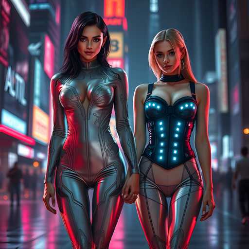 The image depicts two women standing side by side on a city street at night. The woman on the left is wearing a silver bodysuit with a metallic sheen and holding her hand out to the right of the frame. Her companion on the right is also dressed in a similar silver bodysuit, but instead of holding her hand, she has it tucked into her pocket. Both women are wearing black corsets that accentuate their waists. The background features neon lights from various buildings lining the street and billboards advertising products or services.