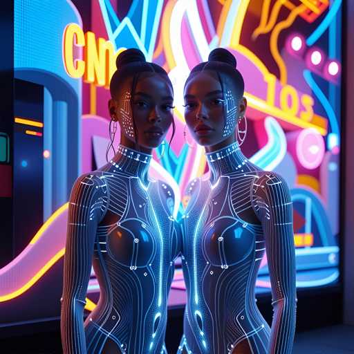 The image shows two women standing side by side against a neon-lit background. The woman on the left is wearing a futuristic blue suit with silver lines and has her hair styled in an updo. Her companion on the right is also dressed in a similar futuristic outfit but has chosen to wear her hair down, giving it a messy appearance. Both women are looking directly at the camera, creating a sense of connection between them. The background features a large neon sign with the words "CNC" and "LO" written on it, suggesting that they might be in an art gallery or a space dedicated to futuristic design.