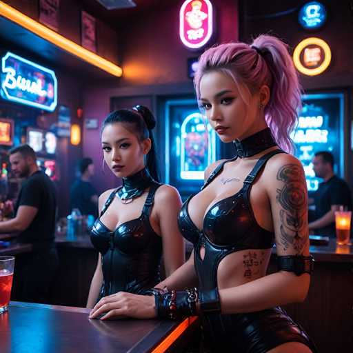 In this AI-generated image, two women are depicted standing at a bar, both dressed in black leather corsets. The woman on the left has her hair pulled back into a ponytail, while the woman on the right sports a high ponytail with her hair dyed a striking pink color. The bar setting is illuminated by neon lights, adding a vibrant atmosphere to the scene. In the background, a bartender can be seen attending to his duties. The woman on the right has several tattoos adorning her body, including a prominent one on her chest and another on her arm.