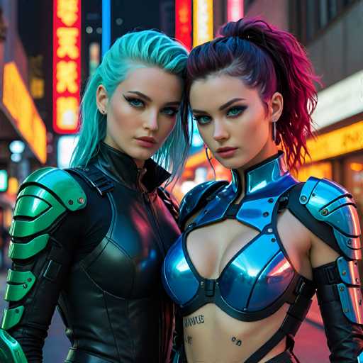 In this vibrant, AI-generated image, two strikingly beautiful women stand side by side, exuding a futuristic, cyberpunk aesthetic. The woman on the left has long, flowing green hair and piercing blue eyes, her face adorned with dramatic cat-eye makeup. She wears a sleek black leather bodysuit with green accents on the shoulders and arms, giving her a powerful, warrior-like appearance. 

The woman on the right has equally captivating features, with long black hair highlighted with purple streaks and mesmerizing green eyes. Her attire is equally bold, featuring a black leather bodysuit with blue metallic elements on the shoulders and chest, complemented by long black gloves. Her exposed midriff reveals a tattoo on her stomach, adding to her edgy, futuristic vibe.

The background is a blur of neon lights and signs, suggesting a bustling cityscape reminiscent of Hong Kong or another major Asian metropolis. The neon signs, adorned with Chinese characters, cast a colorful glow over the scene, enhancing the overall cyberpunk atmosphere. The image's high quality and attention to detail make it clear that it is AI-generated, capturing a moment of futuristic elegance and urban energy.