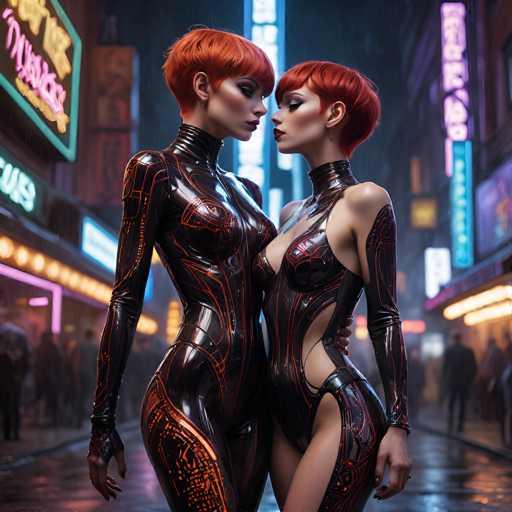 In this AI-generated image, two strikingly similar women stand closely together, gazing into each other's eyes. Both have short red hair and are dressed in sleek, black leather bodysuits adorned with intricate orange lines. The woman on the left has her right arm hanging down by her side, while the woman on the right has her left arm positioned similarly. The woman on the right is slightly shorter and has a more revealing bodysuit, with a cut-out section on her left side. The background features a bustling city street illuminated by neon signs, with people walking along the sidewalks. The scene is set at night, adding to the urban, vibrant atmosphere.