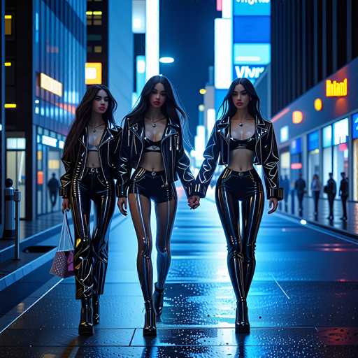 In this captivating nighttime cityscape, three young women are seen walking down a rain-slicked street, their reflections shimmering on the wet pavement. The scene is bathed in a cool blue light, emanating from the towering skyscrapers that line both sides of the street. These skyscrapers, adorned with vibrant neon signs, cast a futuristic glow over the scene. The women, all with long black hair and striking red lipstick, exude a sense of unity and purpose as they hold hands. They are dressed in matching black leather jackets, cropped to reveal their midriffs, paired with black leather shorts and thigh-high boots. Their coordinated outfits and confident stride suggest they are heading somewhere together, adding an element of intrigue to the urban tableau.
