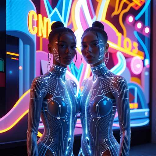 This image depicts two African-American women standing side by side, facing the camera. They are dressed in form-fitting, metallic bodysuits that appear to be made of a reflective material, possibly plastic or metal. The bodysuits are adorned with intricate white lines and dots that resemble circuitry or data patterns, giving them a futuristic, high-tech appearance. Their hair is styled in buns with a few strands framing their faces, and they are wearing large hoop earrings. The background is a vibrant neon display featuring a mix of colors such as yellow, blue, pink, and orange, with various shapes and text. Notable elements include the letters "CN" in yellow and the number "103" in yellow, as well as a pink circle. The overall scene suggests a cyberpunk or futuristic setting, possibly inside a club or a high-tech environment.