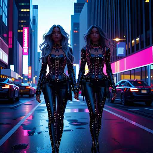 In this vibrant, AI-generated image, two African-American women are depicted walking down a bustling city street at night. Both women have long, wavy gray hair and are dressed in striking, form-fitting black leather bodysuits adorned with intricate red and white lights. The bodysuits feature a distinctive design with a cut-out section at the chest, revealing a blue bra-like garment underneath. They are accessorized with black leather gloves and high heels, adding to their bold appearance. The street they walk on is glistening with puddles, reflecting the city lights and adding a dynamic sheen to the scene. Surrounding them are tall buildings, some illuminated with pink lights, and a mix of cars with their brake lights on, enhancing the urban atmosphere. The sky above is a clear blue, contrasting with the dark, lively street below.