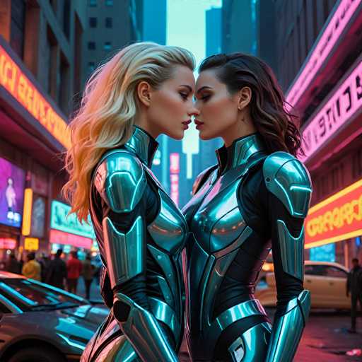 In this captivating image, two women are seen standing closely together, their foreheads gently touching as they gaze into each other's eyes. Both women are dressed in striking, futuristic metallic bodysuits that gleam under the city lights. The woman on the left has long, flowing blonde hair, while the woman on the right sports sleek, dark brown hair. Their eyes are closed, conveying a sense of deep connection and intimacy.

The backdrop is a bustling city street, illuminated by an array of neon signs and billboards that cast a vibrant glow over the scene. The signs are adorned with various colors, including pink, yellow, and purple, adding to the dynamic and energetic atmosphere. On the left side of the image, a group of people can be seen standing on the sidewalk, seemingly captivated by the moment shared between the two women. The overall ambiance of the image is one of urban sophistication and emotional intensity, perfectly capturing a fleeting yet powerful interaction amidst the hustle and bustle of city life.