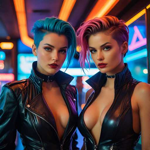 In this vibrant, AI-generated image, two women stand side by side, exuding a sense of edgy confidence. Both women sport short hair and striking makeup, enhancing their bold presence. The woman on the left has her hair dyed a vivid blue, while the woman on the right boasts a striking pink hue. They are dressed in black leather jackets, with the woman on the right wearing a sleeveless version that reveals her shoulders, while the woman on the left dons a long-sleeved jacket. Around their necks, they wear black leather collars, adding to their edgy aesthetic. The background is a blur of neon lights and signs, suggesting they are in a bustling bar or nightclub. The neon lights cast a colorful glow, with hues of orange, blue, and pink illuminating the scene, creating a dynamic and lively atmosphere.