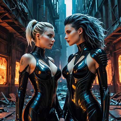 Two women dressed in black leather outfits stand side by side on a dilapidated city street at night. The woman on the left has blonde hair and is wearing a white ponytail braid, while her companion on the right has dark hair and is also wearing a white ponytail braid. They are positioned in front of a building with broken windows that reflects the glow from within, creating an eerie atmosphere.