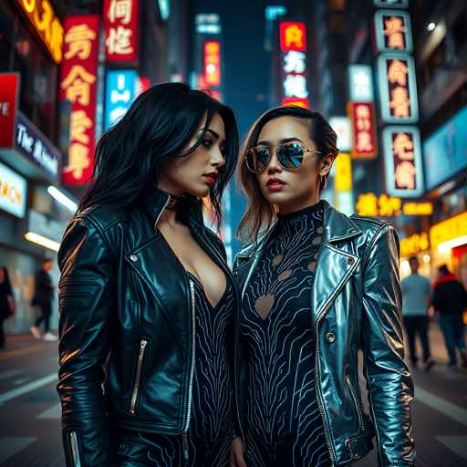 In this vibrant, AI-generated image, two women stand prominently in the foreground of a bustling city street, surrounded by a blur of neon signs and bustling pedestrians. The woman on the left, with long black hair cascading down her back, is dressed in a sleek black leather jacket. Her gaze is directed to the right, adding a sense of intrigue to her demeanor. The woman on the right sports short black hair and stylish sunglasses, complementing her black leather jacket. She wears a distinctive black shirt adorned with intricate blue lines, adding a touch of modern flair to her ensemble. The background is a kaleidoscope of colors and shapes, with neon signs in hues of red, blue, and yellow, some featuring Asian characters that add an exotic touch to the scene. The overall composition captures the essence of a dynamic, modern metropolis, blending realism with the imaginative elements typical of AI-generated art.