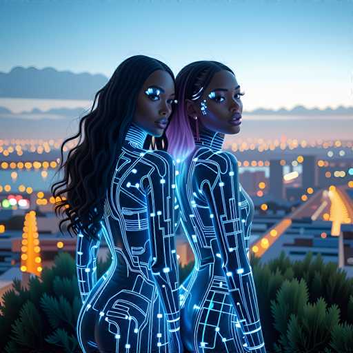 The image depicts two African-American women standing back-to-back, facing opposite directions, with their heads turned slightly towards the viewer. They are adorned in tight-fitting, futuristic bodysuits that appear to be made of a metallic or plastic material, illuminated by neon blue lights that outline their contours and highlight their eyes, lips, and ears. The woman on the left has long, flowing black hair, while the woman on the right has black hair with pink tips. The background features a cityscape at dusk, with a sky transitioning from light blue to darker hues, dotted with clouds. Below, a city skyline with numerous lights stretches across the horizon, and a bridge is visible on the right side of the image. The foreground is adorned with green bushes, adding a touch of nature to the otherwise urban scene.