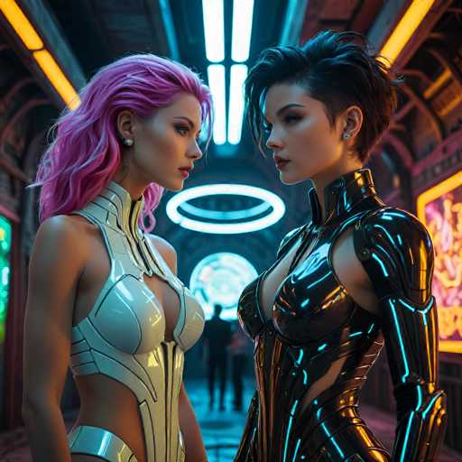 A futuristic, neon-lit hallway with two women in sleek, body-hugging outfits facing each other. The woman on the left has vibrant pink hair and a white, futuristic outfit with glowing accents. She's looking intently at the woman on the right, who has short black hair and a dark, metallic outfit with glowing accents. The background is blurred but suggests a bustling futuristic environment with neon signs and other figures in the distance. The overall style is highly stylized, emphasizing a cyberpunk or sci-fi aesthetic with dramatic lighting and sharp details.
