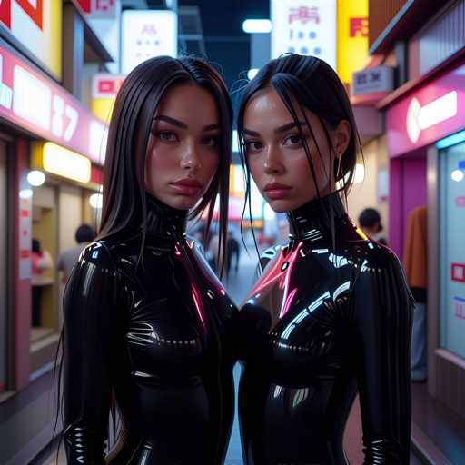 The image shows two women standing side by side on a city street at night. Both women are wearing black leather outfits and have long hair that falls down their backs. The background of the image is filled with neon signs from various shops lining the street, creating an urban atmosphere.