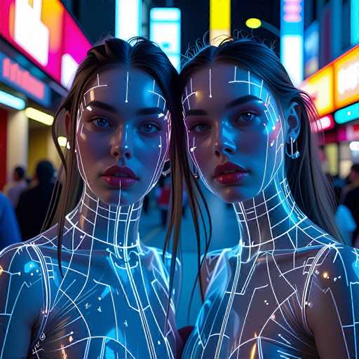 In this captivating image, two women stand side by side, their heads touching, creating a striking visual symmetry. Both women have long brown hair cascading down their backs, with a few strands elegantly draped over their shoulders. Their eyes are a mesmerizing blue, and their lips are painted a bold red, adding a pop of color to their otherwise monochromatic appearance. The women's skin is a deep, dark tone, which contrasts beautifully with the intricate white lines that trace the contours of their faces, necks, and shoulders. These lines give the impression of a digital overlay, transforming them into a futuristic, almost robotic figure. The background is a blur of neon lights and bustling city streets, suggesting a vibrant urban setting. The overall effect is a blend of realism and digital artistry, making the women appear as though they are part of a high-tech, sci-fi world.