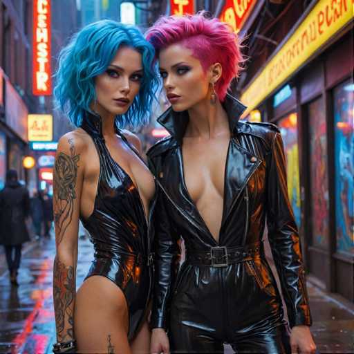 Two women with blue hair and tattoos stand on a wet city street at night, one wearing a black leather jacket and the other a pink leather jumpsuit.