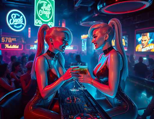 In this vibrant, neon-lit bar scene, two blonde women with long hair styled in high ponytails and bangs are seated at a sleek, black table. They are dressed in matching, tight-fitting leather bodysuits with thin straps and collars, exuding a futuristic, almost robotic appearance. Both women are holding up wine glasses filled with a yellow liquid, smiling and laughing as they toast. The bar is bustling with patrons, many of whom are also women in similar attire, creating a lively and energetic atmosphere. The background is adorned with an array of neon signs, including a prominent green sign that reads "Fell Off," a blue sign with "Snacks" in white letters, and a red sign with "Taboo." Additional signs display various advertisements, including one for a drink priced at $70. A TV screen in the background shows a man, adding to the dynamic ambiance of the bar.