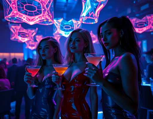 In this vibrant, AI-generated image, three women stand prominently in the foreground of a bustling nightclub. The woman on the left, with long blonde hair cascading down her back, is dressed in a sleek black leather dress and holds a martini glass filled with a red liquid. The woman in the center, also blonde, sports a striking red leather dress and clutches a martini glass containing an orange liquid. To her right stands a woman with long black hair, adorned in a black leather dress, and she holds a martini glass with a pink liquid. All three women gaze off to the left, seemingly lost in thought or conversation.

The background is a blur of activity, with indistinct figures of people mingling and moving about. The club's ambiance is accentuated by an array of neon lights in shades of pink, blue, and purple, casting a colorful glow over the scene. These lights create an almost surreal atmosphere, with some appearing as floating, star-shaped objects that add to the dreamlike quality of the image. The overall scene is a captivating blend of realistic and fantastical elements, capturing the essence of a lively night out.