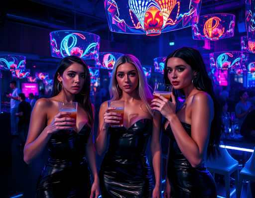 In this vibrant, AI-generated image, three young women stand side by side in a dimly lit nightclub, each holding a glass of amber-colored liquid, possibly whiskey or a mixed drink. They are all dressed in sleek, black leather dresses that accentuate their youthful and stylish appearance. The woman on the left has long, dark hair and wears large hoop earrings, while the woman in the middle sports a blonde bob with a similar earring style. The woman on the right has long, dark hair cascading down her back. The background is a blur of neon lights and abstract, colorful chandeliers that cast an ethereal glow over the scene. The setting is bustling with other patrons, adding to the lively atmosphere of the nightclub.