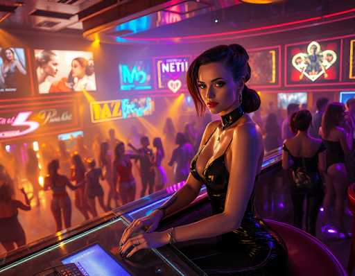 In this vibrant and detailed image, a woman is prominently featured in the foreground, seated on a red stool at a sleek, glass-topped bar. She is wearing a striking black dress with thin straps and a high neckline, complemented by a black choker around her neck. Her long brown hair is styled in a ponytail, and she has red lipstick on, adding to her bold appearance. She is adorned with bracelets on both wrists and rings on her fingers, and her long, black-painted nails are visible as she types on a glowing blue computer screen on the bar.

The background reveals a lively bar scene with numerous people dancing and socializing. The bar is illuminated by an array of neon signs in various colors, including red, blue, yellow, and pink, contributing to the vibrant atmosphere. Among the signs, one prominently displays the Netflix logo, while another features a large red neon heart. The ceiling is adorned with hanging lights, enhancing the overall ambiance. The image captures a dynamic and colorful environment, with the woman at the bar as the focal point amidst the bustling crowd.