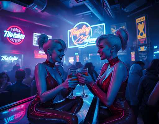 In this vibrant and detailed scene, two blonde women are seated on a bar counter, clinking their wine glasses together in a celebratory toast. They are dressed in striking red leather bodysuits that accentuate their cleavage and feature long sleeves. Both women have their hair styled in high ponytails, with the woman on the right having a distinctive red stripe in her hair. The bar they are sitting at is illuminated by a pink neon sign that reads "Tie Talks," adding a touch of whimsy to the atmosphere. Behind them, a crowd of people can be seen, some standing and others seated, contributing to the lively ambiance. The background is adorned with various neon signs, including a prominent blue sign with red lettering that reads "Trap King." The overall setting is bathed in a mix of pink and blue neon lights, creating a dynamic and colorful environment.